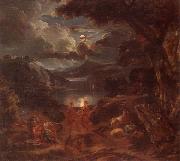 unknow artist A pastoral scene with shepherds and nymphs dancing in the moonlight by the edge of a lake oil painting